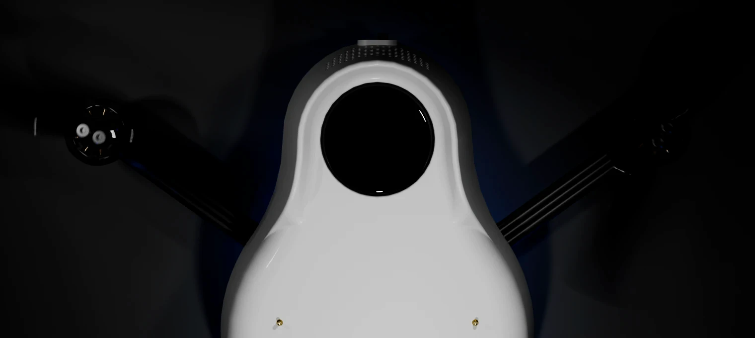 White Spectra drone seen from behind, with the Starbound logo on its round onboard display